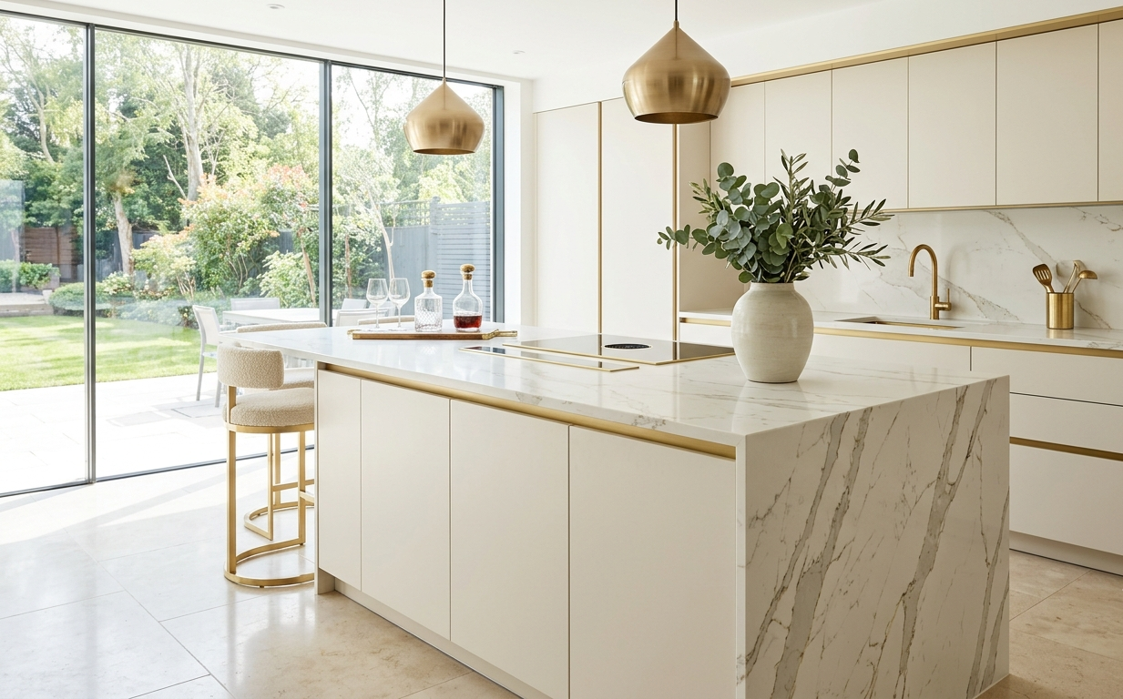 Luxury marble island kitchen design in Abu Dhabi