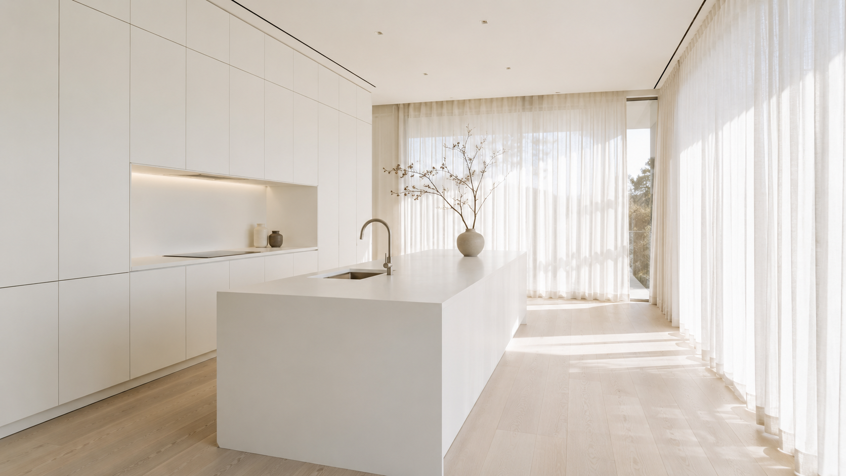 Minimalist white kitchen design in Abu Dhabi